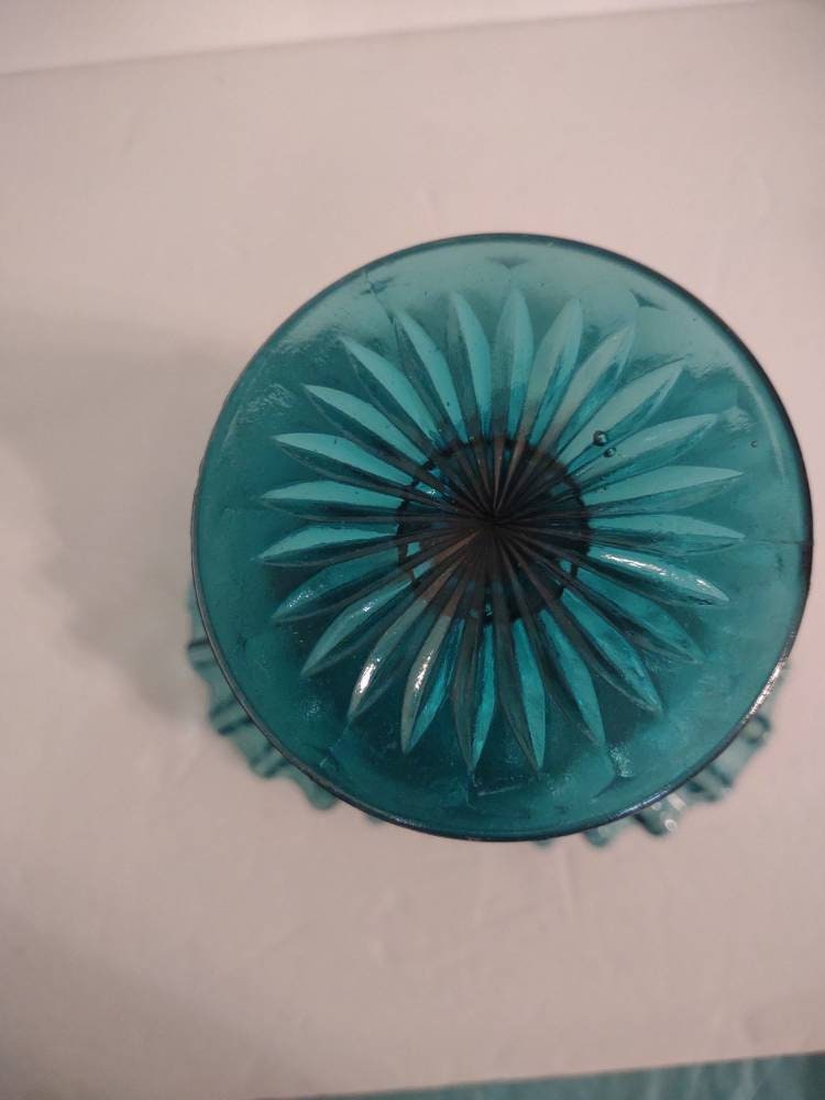Fenton Footed Candy Dish Compote Vintage Teal Glass Ruffled Etsy