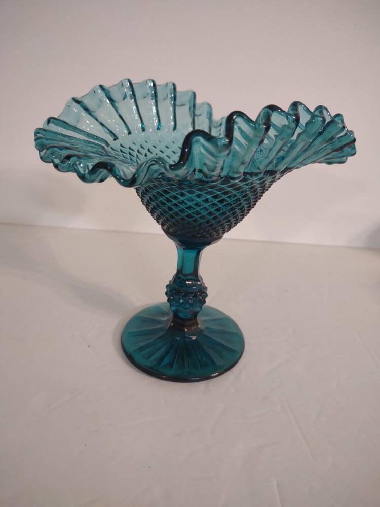 Fenton Footed Candy Dish Compote Vintage Teal Glass Ruffled Etsy