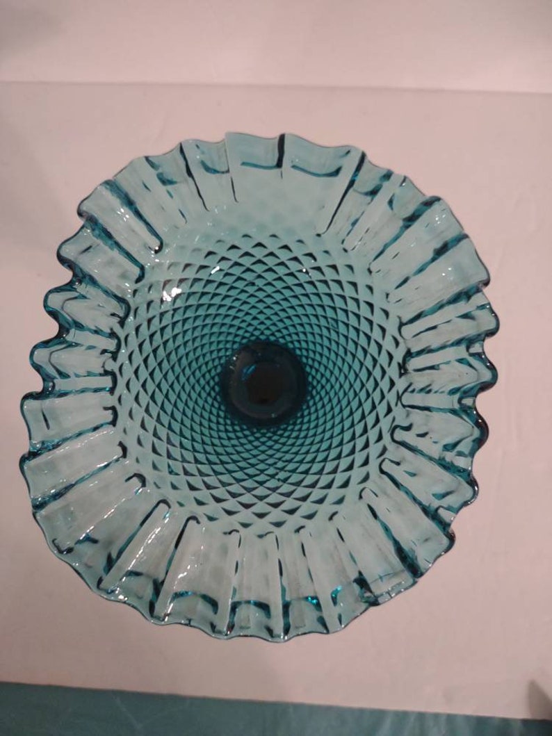 Fenton Footed Candy Dish Compote Vintage Teal Glass Ruffled Etsy