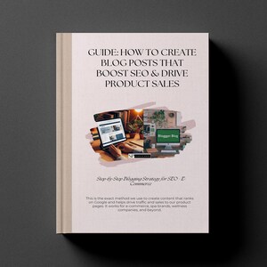 以下が含まれることがあります： 「GUIDE: HOW TO CREATE BLOG POSTS THAT BOOST SEO & DRIVE PRODUCT SALES」というタイトルの本の表紙。表紙には、ラップトップとコンピューター画面のイラストが描かれています。「Step-by-Step Blogging Strategy for SEO - E-Commerce」というテキストも表示されています。