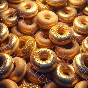 Op de afbeelding: Een close-up van talrijke gouden donuts. Sommige zijn bedekt met gouden sprinkles, andere hebben een gladde, glanzende glazuurlaag. De donuts zijn op elkaar gestapeld, wat een aantrekkelijke en smakelijke presentatie creëert.