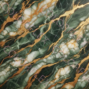 May include: A digitally created image featuring a marble pattern with a dark green base, white veining, and gold-colored accents. The design has a diagonal flow, with the gold veins creating a striking contrast against the darker background.
