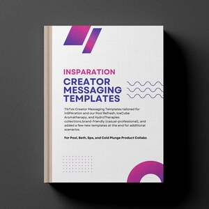 May include: A book cover titled "INSPARATION CREATOR MESSAGING TEMPLATES" in pink and blue. The cover text details TikTok templates for wellness products. The design incorporates geometric shapes and wave patterns.