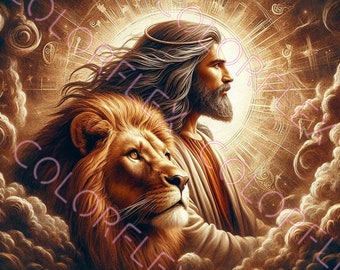 Jesus and Lion Wall Art, Lion of Judah, Jesus Christ Christian Art, Home Decor, Digital Art, Digital Print Instant Download, High Resolution