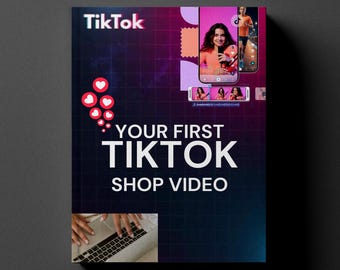 Puede incluir: Gráfico promocional con el logotipo de TikTok y el texto "Your First TikTok Shop Video". El diseño presenta a una mujer sosteniendo un teléfono con un video de TikTok, una computadora portátil y una serie de corazones.