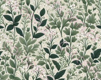 May include: A seamless pattern featuring a botanical design with white flowers and various shades of green leaves. The leaves range from light to dark green, creating a textured and layered effect. The background is a soft, neutral color.