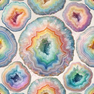 May include: A repeating pattern of colorful geode slices. Each geode features concentric bands of color, including blue, green, yellow, orange, and pink, surrounding a crystalline center. The overall effect is a vibrant and naturalistic design.