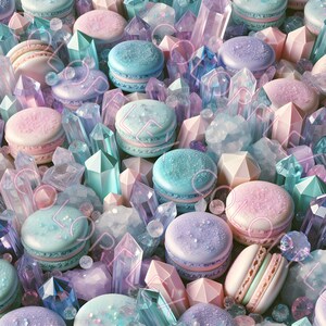 May include: A decorative composition featuring pastel macarons and crystals. The macarons are in shades of pink, blue, and purple, with a sugared texture. The crystals are various shapes and sizes, in hues of clear, pink, and blue.