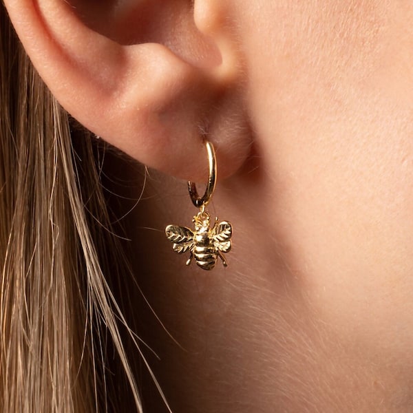 Gold Bee Hoop Earrings: Sterling Silver Dangle Earrings