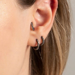 Diamond Black Huggie Hoop Earrings, Dainty CZ Gold Hoops, Small Silver Huggie Hoop Earrings, Tiny Huggie Hoops Earrings, Christmas Gift