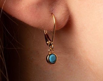 Turquoise Minimalist Hoop Earrings, Tiny Turquoise Dangle Hoops, Gold Huggie Hoop Earrings, Cute Hoops, Dainty Turquoise Hoops, Gift For Mum