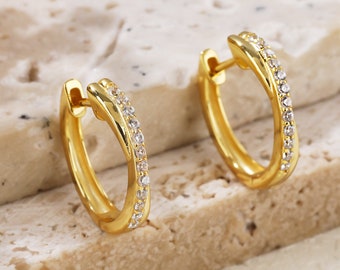 Diamond Huggie Hoop Earrings, Dainty CZ Gold Hoops, 925 Sterling Silver Huggie Hoops, Cute Hoops, Tiny Hoop, Christmas Gift, Gift For Her