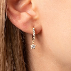 Gold Star Hoop Dangle Earring, Silver Star Huggie Hoop Earring, Cute Star Hoops, Tiny Star Earrings, Minimalist Hoops, Perfect Jewelry