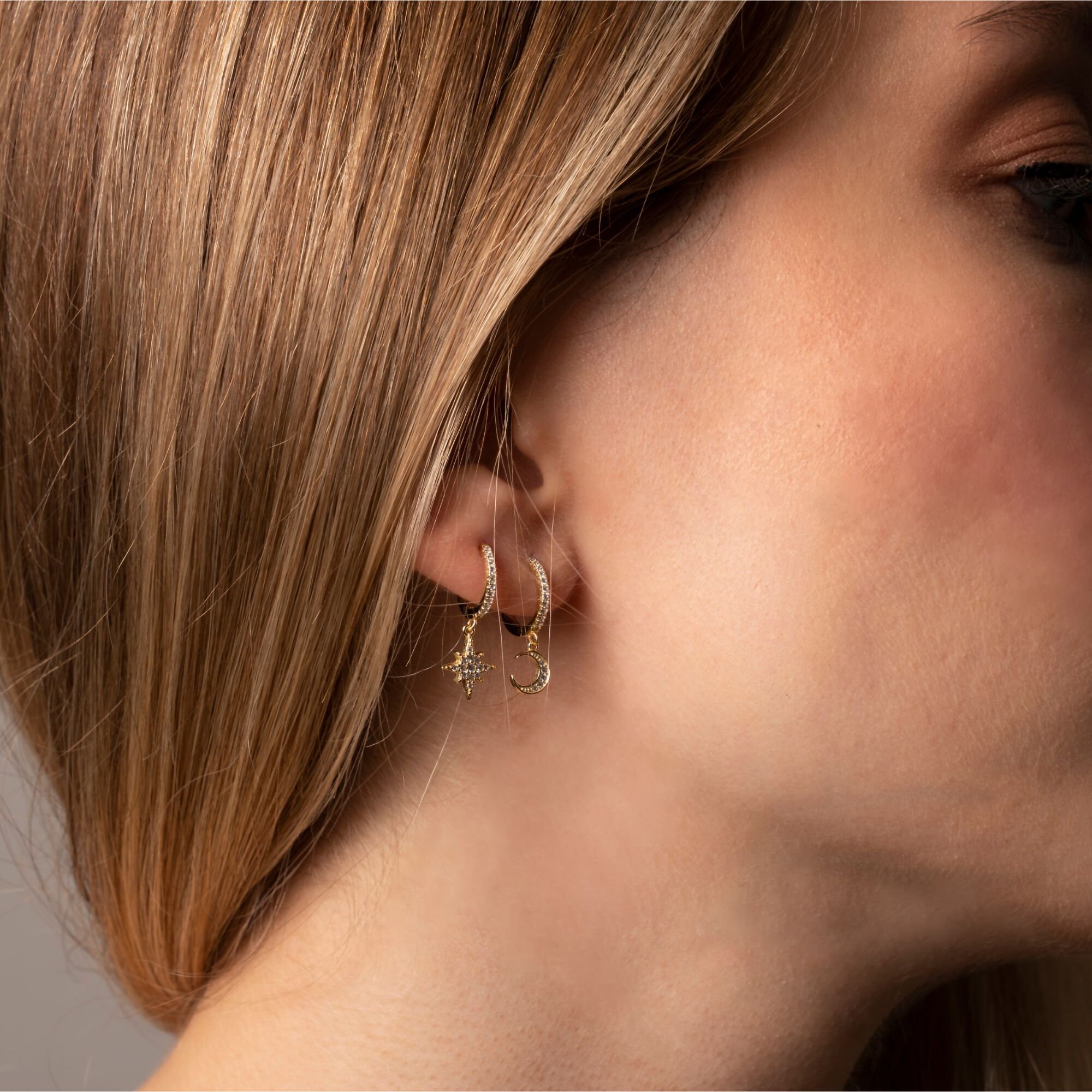 Half Moon Stud Earrings Sterling Silver Moon & Star Drop Earrings