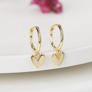 Dainty Heart Dangle Huggie Hoop Earrings: 18k Gold Plated Sterling Silver