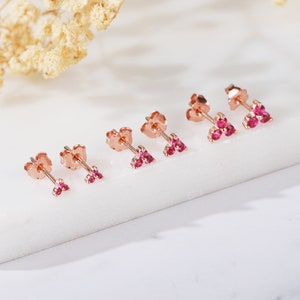 Dainty Red Flower Stud Earrings, Gold Tiny Flower Stud Earrings, Silver Red CZ Stud Earring, Minimalist Sparkling Flower Stud, Gift For Her