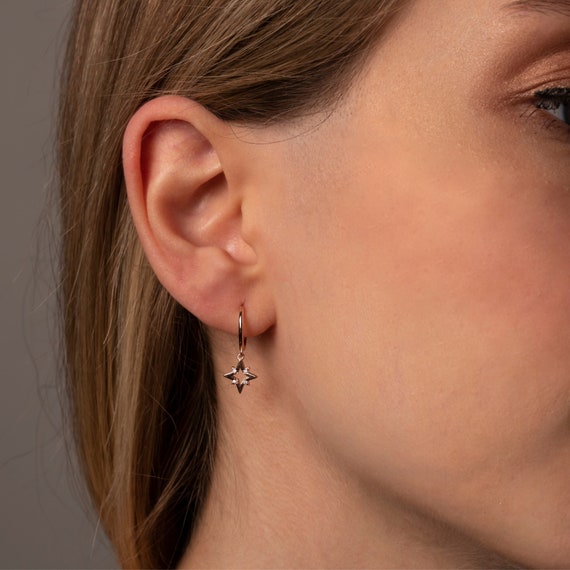 Pair of 925 Sterling Silver Dainty Starburst Dangle Minimal Hoop Earrings Pair of 925 Sterling Silver Dainty Starburst Dangle Minimal Hoop Earrings