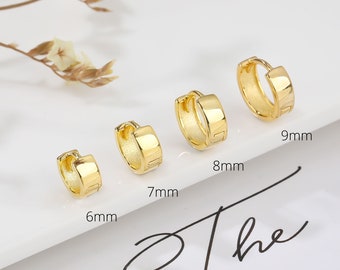 May include: Four gold hoop earrings in different sizes, 6mm, 7mm, 8mm, and 9mm. The earrings are all the same style, with a flat, rectangular shape.