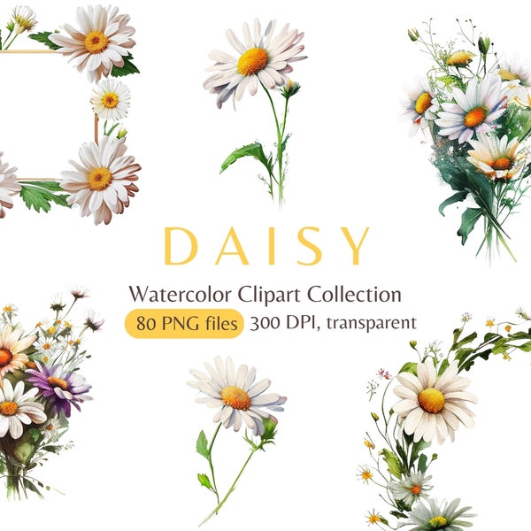 Watercolor Daisy Clip Art - Cute and Simple Floral Graphics for Digital Prints and Scrapbooking, floral wreath, floral square frame, daisies