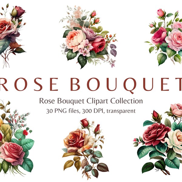 Watercolor Rose Bouquet Clip Art, 30 Pcs, For Invitations, Scrapbooks, Weddings, Crafts, Paper Projects, Floral Clipart, Wedding Clipart