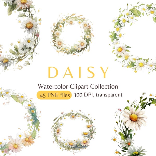 Watercolor Daisy Wreath Clipart, 45 Pcs, For Invitations, Scrapbooks, Weddings, Crafts, Paper Projects, Floral Clipart, Wreath Clipart