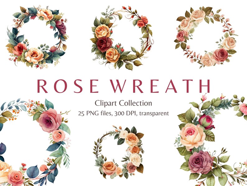 Watercolor Rose Wreath Clip Art, 25 Pcs, for Invitations, Scrapbooks