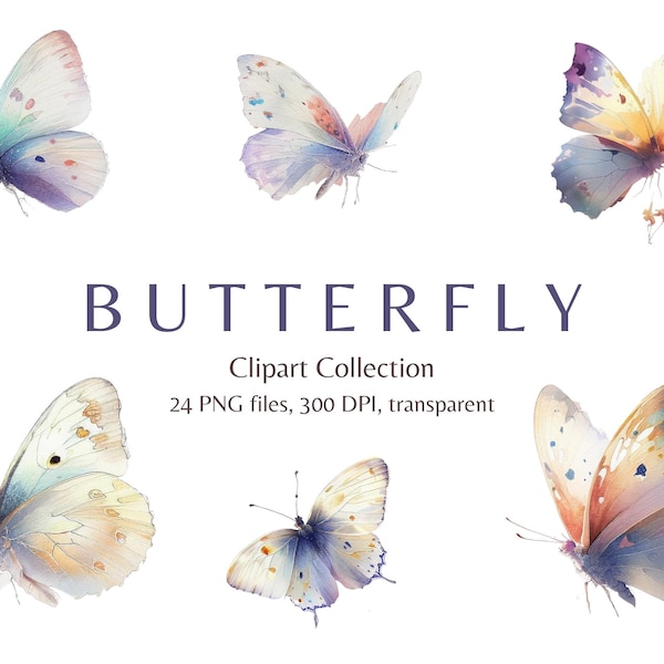 Watercolor Butterfly Clip Art, 24 Pcs, For Invitations, Scrapbooks, Weddings, Crafts, Paper Projects, Butterfly Clipart, Butterfly PNG