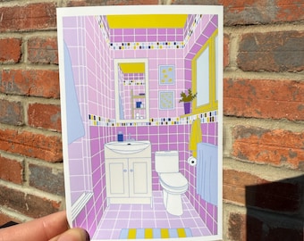 Colorful Bathroom Art Print | Pink Tile Illustration