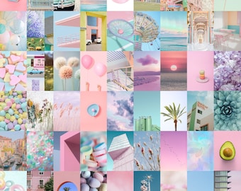 Pastel Photography Collage Kit | 60 Images, Digital Download, Pastel Aesthetic Wall Art Collage Set, Room Decor, Printable Posters
