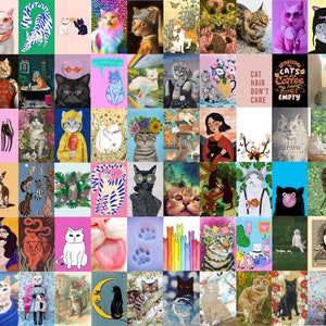 May include: A collage of various cat-themed artworks. The images showcase cats in diverse styles, including illustrations, paintings, and digital art. The cats are depicted in various settings and poses, with different colors and patterns.