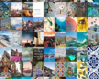 Wanderlust Travel Digital Photo Collage Kit | 60 Images, Digital Download, Aesthetic Wall Art Collage Set, Room Decor, Printable Posters