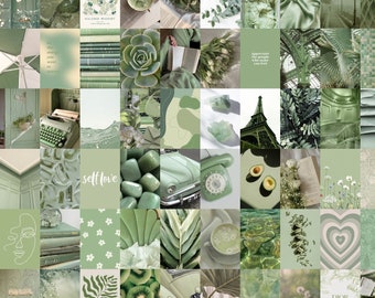 Kit de collage de fotos digital verde salvia / 60 imágenes, descarga digital, decoración de pared estética, decoración de la habitación, carteles imprimibles, arte de pared verde suave