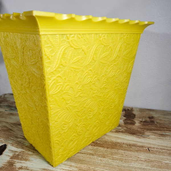 Vintage Mid Century Small Plastic Waste Basket Bright Yellow Embossed Floral Ruffled Rim Max Klein