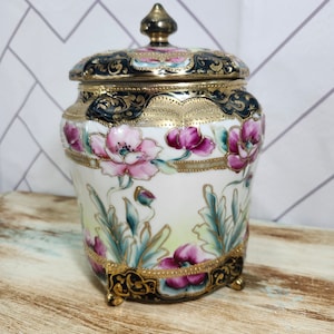 Antique Nippon Hand Painted Porcelain Bisquit Jar 4-Footed Floral with Gold Gilt