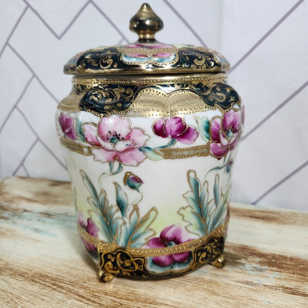 Antique Nippon Hand Painted Porcelain Bisquit Jar 4-Footed Floral with Gold Gilt