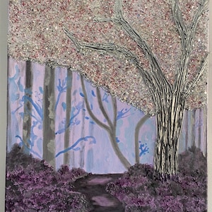 Whimsical Textured Trees with sparkling crushed glass leaves, magical scene, Original acrylic painting by Maddie Hunter #1