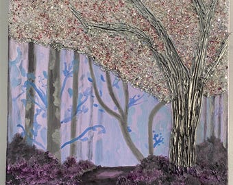 Strukturierte Bäume mit funkelnden Glasblättern, magische Szene, Original Acrylgemälde von Maddie Hunter # 1