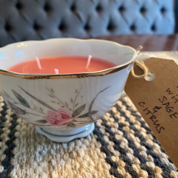 Vintage Teacup Candle, Natural Soy, Scented Candle, Fall Candle Collection, Rose, Sage & Citrus Candle by Maddie Hunter
