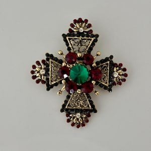 Cross Brooch Pendant Ruby Red Dazzling Crystals