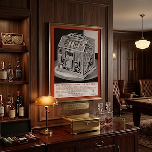 May include: A framed vintage advertisement poster for The New Deal slot machine, featuring a black and white illustration of the machine with red borders and text, displayed on a dark wood paneled wall above a brass plaque and a gold box.