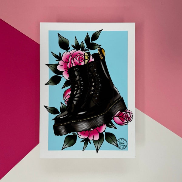 Dr.Martens Print - doc Martens boots - black boot print - A5 Print - Indie Rock Designs - Flower Print - Tattoo style print - Tattoo Print