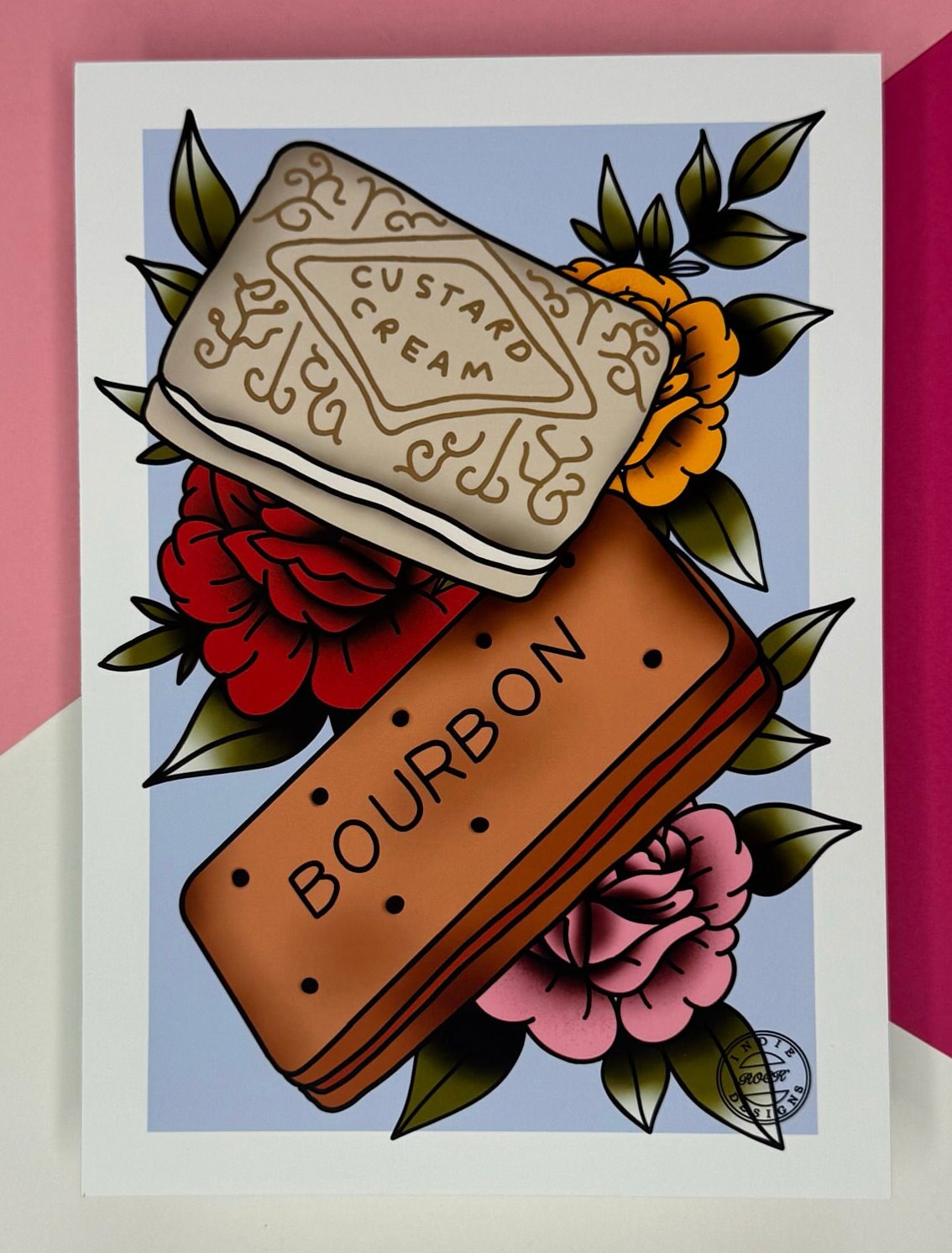 Custard Cream Print - Bourbon Biscuit Print - Biscuit Print - Tattoo Style  Art- Indie Rock Designs -A5/A4 Print -tattoo Roses - Female Owned - Etsy, image size:1134x1493