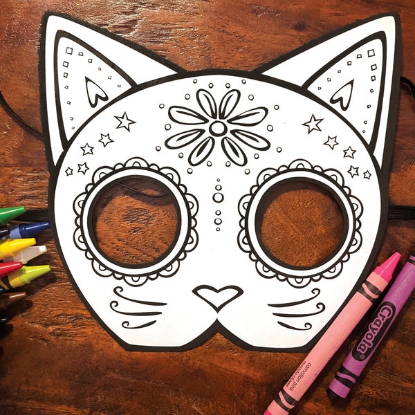 Sugar Skull Cat Mask | Printable Coloring Activity for Kids | Day of the Dead Dia de los Muertos Halloween Children's Craft Instant Download