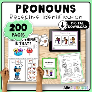 May include: Educational digital download featuring "PRONOUNS" for receptive identification. Includes 200 pages of learning materials, flashcards, and interactive exercises. The image shows a tablet, flashcards, and worksheets designed for educational use.