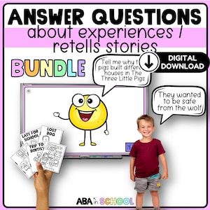 Puede incluir: Un paquete de descarga digital con el texto "ANSWER QUESTIONS about experiences / retells stories". La imagen incluye una pizarra con un personaje de dibujos animados, bocadillos y un niño. El paquete incluye mini-historias.