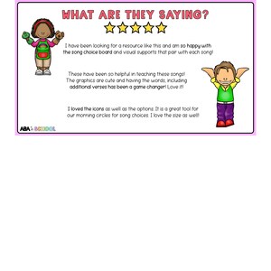 Puede incluir: Una tarjeta rosa y blanca con una calificaci&oacute;n de cinco estrellas y texto que dice "&iquest;Qu&eacute; est&aacute;n diciendo?"  El texto debajo de las estrellas dice "&iexcl;He estado buscando un recurso como este y estoy tan feliz con el tablero de selecci&oacute;n de canciones y los apoyos visuales que se emparejan con cada canci&oacute;n! &iexcl;Estos han sido tan &uacute;tiles para ense&ntilde;ar estas canciones! &iexcl;Los gr&aacute;ficos son lindos y tener las palabras, incluyendo versos adicionales, ha sido un cambio de juego! &iexcl;Me encanta! Me encantaron los iconos y las opciones. Es una gran herramienta para nuestros c&iacute;rculos matutinos para la selecci&oacute;n de canciones. &iexcl;Me encanta el tama&ntilde;o tambi&eacute;n!"  La tarjeta tambi&eacute;n presenta dos personajes de dibujos animados, una mujer y un hombre, con globos de di&aacute;logo.