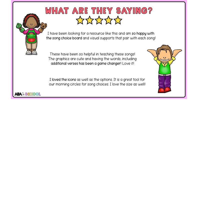 Puede incluir: Una tarjeta rosa y blanca con una calificaci&oacute;n de cinco estrellas y texto que dice "&iquest;Qu&eacute; est&aacute;n diciendo?"  El texto debajo de las estrellas dice "&iexcl;He estado buscando un recurso como este y estoy tan feliz con el tablero de selecci&oacute;n de canciones y los apoyos visuales que se emparejan con cada canci&oacute;n! &iexcl;Estos han sido tan &uacute;tiles para ense&ntilde;ar estas canciones! &iexcl;Los gr&aacute;ficos son lindos y tener las palabras, incluyendo versos adicionales, ha sido un cambio de juego! &iexcl;Me encanta! Me encantaron los iconos y las opciones. Es una gran herramienta para nuestros c&iacute;rculos matutinos para la selecci&oacute;n de canciones. &iexcl;Me encanta el tama&ntilde;o tambi&eacute;n!"  La tarjeta tambi&eacute;n presenta dos personajes de dibujos animados, una mujer y un hombre, con globos de di&aacute;logo.