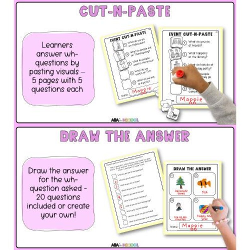 May include: Educational activity sheets with the titles "CUT-N-PASTE" and "DRAW THE ANSWER." The "CUT-N-PASTE" section includes questions with visual aids. The "DRAW THE ANSWER" section prompts users to draw responses. The text "Mappie" is visible on the sheets.