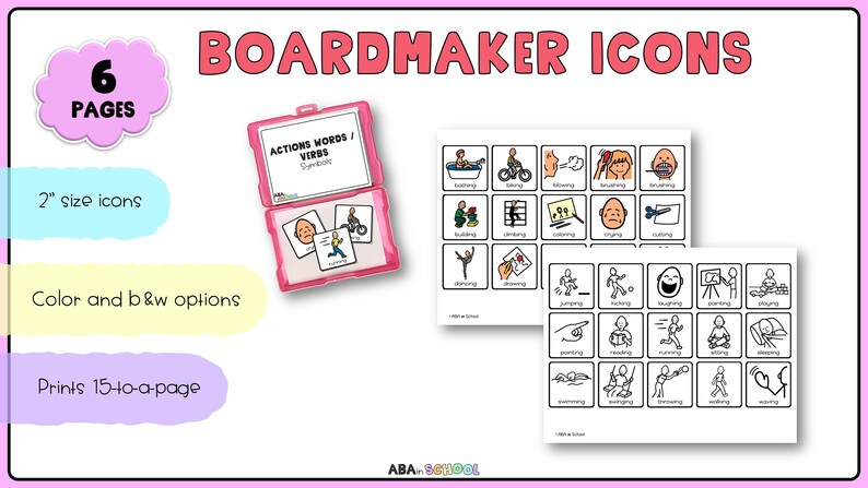 Może przedstawiać: Zestaw 6 stron z drukowanymi ikonami sł&oacute;w czynności o rozmiarze 5 cm do użycia z systemem tworzenia tablic. Ikony są w czerni i bieli oraz w kolorze. Strony są zatytułowane "Actions Words/Verbs Symbols".