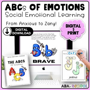 May include: A digital download graphic with the text "ABCs of Emotions Social Emotional Learning From Anxious to Zany!" The image includes illustrations of the word "BRAVE" and the word "jealous". A hand is writing on a page with the word "jealous".